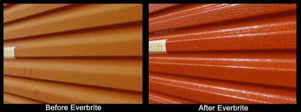 Before and after orange painted metal restored with Everbrite Coating.