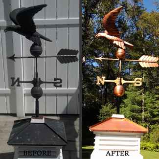 Copper weathervane and cupola before and after restoration with Everbrite Coating