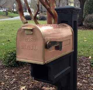 Copper mailbox sealed with Everbrite Coating to prevent tarnish.